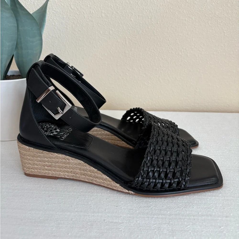 Black Woven Ankle Strap Wedge Sandals - Brand: